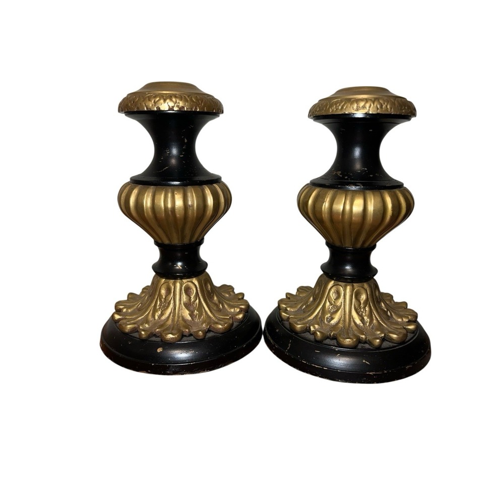 Vintage‎ Brass And Black  Ornate Candle Holder set  Velvet Bottom 7" Gothic